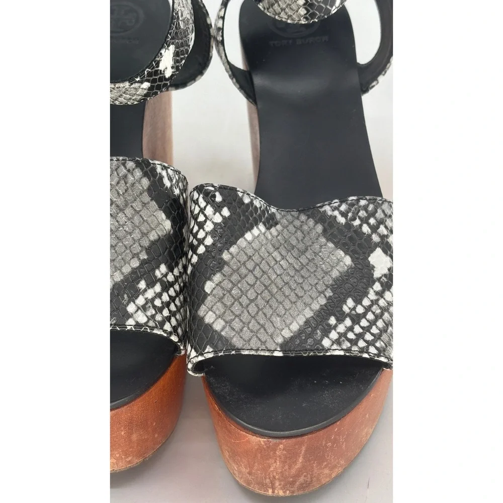Tory Burch Heels Camilla Platform Snake Embossed Leather Wooden 7.5‎ Black White